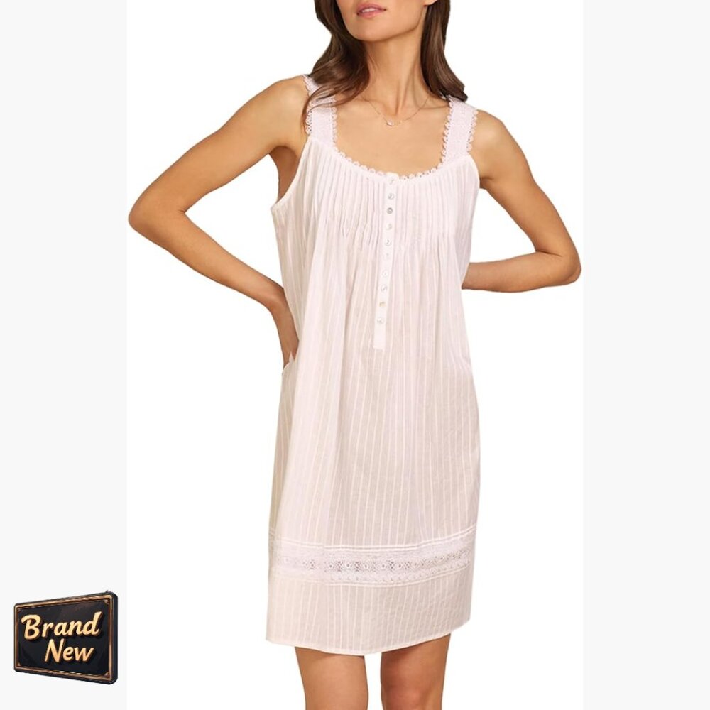 Sleeveless Cotton Nightgown Chemise Lightweight Lace Trim 36" Length